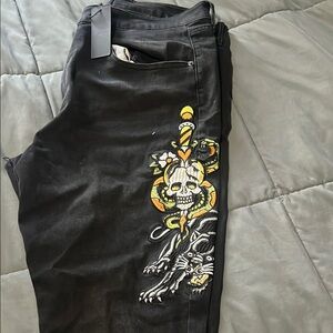 Ed Hardy Black Pants with Skull and Panther Design